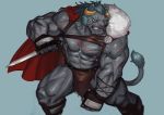  2020 5_fingers abs absurd_res anthro big_muscles black_body black_fur blue_hair brown_horn bulge cape clothing demon felid fingerless_gloves fingers fur gloves hair handwear hi_res horn humanoid_hands knife krampus_(housamo) lion loincloth male mammal muscular muscular_male nipples pantherine pecs pink_nipples pink_nose scar simple_background snarling solo tokyo_afterschool_summoners traver009 veiny_muscles video_games whiskers 