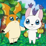  ambiguous_gender animal_crossing black_nose blue_eyes claws clothing digimon digimon_(species) felid feline gatomon gesture gloves handwear hi_res jen_foxworth mammal nintendo orange_body patamon semi-anthro video_games waving white_body wings 