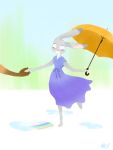  2020 anthro barefoot clothed clothing disembodied_hand disney dress duo eyes_closed fully_clothed fur grey_body grey_fur holding_object holding_umbrella judy_hopps lagomorph leporid mammal moromorowephi outside puddle rabbit umbrella zootopia 