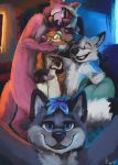  anthro arctic_fox canid canine erection foursome fox fox4 fur genitals group group_photo group_sex hi_res kigufox kigurumi looking_at_viewer lutrine male male/male mammal mustelid nude ottah penis penis_grab pink_body pink_fur river_otter selfie sex sleepover startled white_body white_fur 