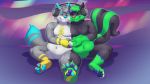  anthro canid canine canis conjoined duo featureless_crotch headphones hybrid male male/male mammal mephitid merging nude plantigrade procyonid raccoon sitting skunk slightly_chubby the-b3ing wolf 