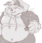  anthro behemoth_(housamo) belly cddi_h clothing cookie food hoodie horn male midriff monster navel overweight overweight_male solo tokyo_afterschool_summoners topwear video_games 