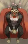  abs alphsbeep anthro apron apron_only black_sclerae canid canine canis clothing domestic_dog garmr hi_res male mammal mostly_nude muscular muscular_male pecs sitting solo tokyo_afterschool_summoners tongue video_games 