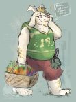  2018 aged_up anthro arm_hair asriel_dreemurr barefoot basket blonde_eyebrows blonde_hair blush body_hair boss_monster bottomwear bovid caprine chest_hair claws clothed clothing dialogue english_text eyebrows eyes_closed facial_hair fur green_background hair hi_res hoodie horn leg_hair male mammal open_mouth overweight overweight_male pants phone_call simple_background sleeveless_hoodie slightly_chubby smile solo speech_bubble text toe_claws topwear tribdinosaur undertale video_games walking watermark white_body white_fur 