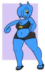  2020 3_toes anthro bangs belly biped black_eyes blue_hair blunt_bangs bottomwear breakman_senpai breasts butt cleavage clothed clothing crop_top digital_media_(artwork) domestic_cat eyelashes eyeshadow felid feline felis female footwear front_view hair hair_over_eye hand_on_hip hi_res looking_at_viewer makeup mammal midriff milki_max navel no_pupils noseless one_eye_obstructed sandals shirt shorts slightly_chubby solo standing tank_top thick_thighs toes tongue tongue_out topwear wide_hips 
