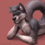  2018 anthro arm_support artist_name canid canine canis cheek_tuft facial_tuft fur fur_tuft geewolf grey_body grey_ears grey_fur grey_tail kiba_(kiba32) leaning_on_elbow lying male mammal on_front shadow simple_background smile solo tuft wolf 