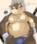  11768hoshi anthro belly big_pecs blush bulge canid canine canis claws clothed clothing dark_fur domestic_dog eyebrows fur hi_res humanoid_hands light_fur male mammal moritaka navel nipples notched_ear overweight overweight_male pecs pendant scar slightly_chubby solo thick_eyebrows tokyo_afterschool_summoners topless tuft underwear video_games wristband 