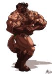  2019 5_fingers anthro barefoot beard biceps big_muscles black_nose body_hair brown_body brown_fur brown_hair brown_nipples chest_hair clothed clothing eyebrows facial_hair fingers flexing fur hair hi_res huge_muscles humanoid_hands hyaenid looking_at_viewer male mammal muscular muscular_male nipples pecs plantigrade quads red_eyes simple_background solo spots spotted_body spotted_fur thick_eyebrows thong topless triceps underwear underwear_only veiny_muscles white_background yongdasom 