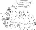  absurd_res anthro belly_noises dialogue digestion dragon_ball duo english_text giras hand_imprint hand_on_stomach hi_res holding_by_neck illustrator imminent_vore line_art male male/male male_pred male_prey melee_weapon monochrome multiple_prey musclegut muscular muscular_male one_eye_closed rhodan scimitar skianous sword taunting teeth text vore weapon wings 