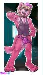  anthro armpit_hair bashbl-ux bikini bikini_bottom body_hair clothing collar fur hat headgear headwear hi_res lutrine male mammal mustelid ottah pink_body pink_fur punk river_otter shirt solo swimwear tank_top tongue tongue_out topwear 