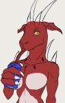  anthro beverage bovid breasts caprine drinking featureless_breasts female hi_res horn looking_at_viewer mammal monster proboscis_(anatomy) red_body scalie scp-2636 scp_foundation soda solo yamagah yellow_eyes 