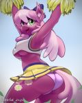  2020 accessory anthro bottomwear breasts butt cheerilee_(mlp) cheerleader clothed clothing cutie_mark digital_media_(artwork) earth_pony equid equine female friendship_is_magic green_eyes hair hair_accessory hair_bow hair_ribbon horse iloota inner_ear_fluff long_hair mammal multicolored_hair multicolored_tail my_little_pony open_mouth open_smile panties pom_poms pony ribbons shirt skirt smile solo topwear tuft two_tone_hair under_boob underwear 