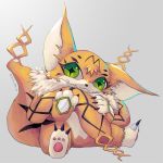  ambiguous_gender black_markings claws digimon digimon_(species) felid feline green_eyes holding_tail kira_dra_h mammal markings meicoomon one_ear_up orange_body pawpads sitting toe_claws tuft 