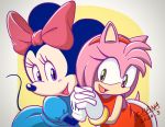  2020 accessory amy_rose anthro bow chana clothing crossover disney duo eulipotyphlan female gloves green_eyes hair_accessory hairband hand_holding handwear hedgehog hi_res mammal minnie_mouse mouse murid murine open_mouth open_smile purple_eyes rodent signature smile sonic_the_hedgehog_(series) video_games 
