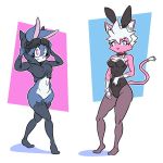  1:1 2020 5_fingers anthro belly big_breasts big_ears biped blue_body blue_eyes blue_fur blue_nose bottomless bow_tie breasts bunny_costume bunny_ears_(disambiguation) butt cat_ears_(disambiguation) cat_tail clothed clothing collar cosplay costume countershade_face countershade_tail countershade_torso countershading cuffs_(disambiguation) digital_media_(artwork) dipstick_ears domestic_cat duo eyelashes fake_ears fake_rabbit_ears felid feline felis female female/female fingers fur hair hi_res hood hoodie lagomorph legwear leporid looking_at_viewer lori_(loshon) loshon mammal mari_(loshon) multicolored_body multicolored_ears navel pantyhose partial_nudity partially_clothed pink_body rabbit simple_background smile standing stockings thick_thighs thigh_highs toony topwear two_tone_body white_background white_countershading white_hair 