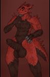  anthro bal_shaloc balls destiny_(video_game) finger_on_chin genitals hand_on_hip hi_res humanoid_genitalia humanoid_penis hybrid_genitalia hybrid_penis hyper hyper_genitalia looking_at_viewer male muscular nude okytheoky penis red_body red_scales ridged_penis scales silver_eyes solo war_beast 