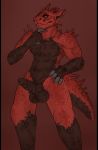  anthro bal_shaloc balls destiny_(video_game) finger_on_chin genitals hand_on_hip hi_res humanoid_genitalia humanoid_penis hybrid_genitalia hybrid_penis knot looking_at_viewer male muscular nude okytheoky penis red_body red_scales ridged_penis scales solo war_beast 
