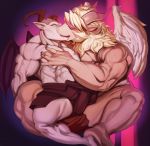  abs angel anthro azazel_(tas) bovid caprine clothing demon duo fan_character goat hi_res horn justmegabenewell kissing loincloth male male/male mammal muscular muscular_male pecs tokyo_afterschool_summoners video_games wings 