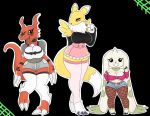 anthro black_background black_clothing blue_eyes bottomwear breasts canid canine claws clothed clothing digimon digimon_(species) eyelashes female fox grey_eyes group guilmon hand_on_hip jewelry legwear long_ears looking_at_viewer mammal pink_clothing red_body renamon reptile scalie simple_background size_difference skirt stockings teeth terriermon topwear urusee584 white_body white_clothing yellow_body yellow_eyes 