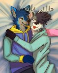  absurd_res anthro antlers bed blader999 blep blue_body blue_fur blue_hair blue_jacket blue_tongue canid canine cervid clothing cuddling dark_purple_hair duo ear_piercing fangs fox fur furniture green_eyes grey_body grey_fur hair hi_res hoodie horn hug jacket january_mauler jayce male male/male mammal multicolored_hoodie piercing red_tongue tongue tongue_out topwear 