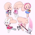  anthro axe backpack band-aid bandage bonnie_(pulp) bottomwear chainsaw clothing dress female fur happy lagomorph legwear leporid mammal mask melee_weapon overall_dress overalls pink_body pink_fur plant_pot power_tool pulp_(artist) rabbit shorts skirt solo stockings tools weapon 