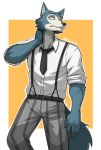  2019 5_fingers absurd_res anthro beastars belt black_nose bottomwear canid canine canis claws clothing dress_shirt drks fingers hi_res humanoid_hands legoshi_(beastars) looking_at_viewer mammal necktie pants shirt simple_background solo standing suspenders topwear wolf 
