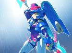  2019 aile_(mega_man_zx) android armor blue_clothing bodysuit capcom clothing fairy_leviathan female green_eyes headgear helmet humanoid jacket machine mega_man_(series) mega_man_zx melee_weapon polearm raining reploid robot simple_background skinsuit solo tight_clothing tomycase topwear video_games weapon 