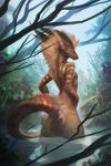  2020 ambiguous_gender anthro artbyzephra brown_body brown_fur day detailed_background dragon fur furred_dragon hi_res horn outside partially_submerged sky solo wingless_dragon zephra 