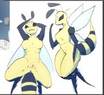  antennae_(anatomy) anthro arthropod bee black_eyes blush breasts cupid_bee featureless_breasts female genitals goonie-san hymenopteran insect little_witch_academia nude open_mouth pussy simple_background solo studio_trigger wings 