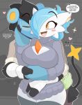  &lt;3 2020 amber_eyes anthro blush breasts cleavage clothed clothing dialogue duo english_text eyes_closed female gardevoir hi_res kilinah luxray male nintendo open_mouth open_smile pok&eacute;mon pok&eacute;mon_(species) shiny_pok&eacute;mon smile speech_bubble sweater text topwear video_games 