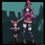  2015 alternate_species breasts clothing duo growth hair hand_on_breast hat headgear headwear hi_res human humanoid inksgirls katarina_du_couteau_(lol) league_of_legends looking_down lulu_(lol) mammal nipple_outline outside purple_hair red_hair riot_games shrinking smile torn_clothing transformation tree video_games yordle 