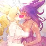  &lt;3 2020 5_fingers anthro bed blonde_hair blue_eyes blush breast_squish breasts breasts_frottage censored cleavage clothed clothing dress female female/female fingers fur furniture hair kemono kiichi lagomorph leporid long_hair lying mammal pillow purple_clothing purple_dress purple_eyes purple_hair rabbit squish whiskers white_clothing white_dress 