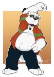  2020 anthro belly black_nose bottomwear canid canine canis clothed clothing cute_fangs fur giant_panda hi_res humanoid_hands hybrid male mammal open_shirt overweight overweight_male pants shirt simple_background solo thepandobo topwear ursid white_body white_fur wolf 