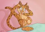  2020 anthro areola breasts celine_(vinfox) domestic_cat felid feline felis female food food_fetish food_play hi_res looking_at_breasts mammal nipples nude open_mouth open_smile pancake pouring smile solo syrup teeth tongue vinfox whiskers 