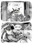  absurd_res anthro army army_uniform beverage black_and_white blizzard_(weather) breakfast calendar captain_nikko chair cigarette_holder ciggarette clothed clothing coffee coffee_mug comic comic_page dialogue domestic_cat door doorknob doorway egg felid feline felis female fully_clothed furniture group hi_res jack_(captain_nikko) keys kitchen male mammal monochrome newspaper plates shane_mckinley sitting snow speech_bubble stove tabby_cat table text winter yellow_eyes 