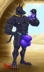  2020 4_toes 5_fingers abs anthro anubian_jackal balls biceps big_balls big_muscles black_body black_nose black_skin bodily_fluids bulge canid canine canis capcom claws clothing condom darkstalkers duo fingers genital_fluids genitals goo_creature hi_res holding_condom holding_object huge_balls hungothenomster inside_balls inside_condom jackal jon_talbain latex_skin male mammal micro muscular muscular_male muscular_thighs penile penis sexual_barrier_device size_difference standing tight_underwear toe_claws toes underwear video_games wolf 