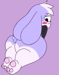  anthro big_butt blush butt clothed clothing feet female fur hi_res hoodie hunibun hunicast lagomorph leporid long_ears looking_back mammal multicolored_body multicolored_fur nervous pawpads paws rabbit simple_background snailslurp solo thick_thighs topwear 