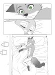  ambiguous_gender anthro barefoot bed bedding bird&#039;s-eye_view blanket bodily_fluids bottomwear canid canine clothed clothing comic disney duo eyes_closed fluffy fluffy_tail fox furniture green_eyes hi_res high-angle_view inner_ear_fluff inside judy_hopps lagomorph leporid looking_at_another male male/ambiguous mammal nick_wilde on_bed pants pillow puki rabbit red_fox sleeping sweat sweatdrop topless tuft under_covers zootopia 