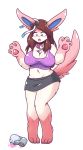  2019 anthro barefoot blue_eyes bottomwear breasts brown_hair canid clothing collar eeveelution female fur hair hi_res implied_transformation inksgirls looking_down mammal navel nintendo pawpads pink_body pink_fur pok&eacute;mon pok&eacute;mon_(species) ribbons shirt simple_background skirt solo standing surprise sylveon tank_top topwear video_games white_background white_body white_fur 