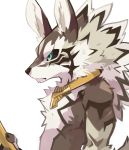  2020 anthro bl_s21 black_nose black_sclera canid canine canis clothed clothing collar facial_markings fur green_eyes head_markings hi_res jackal mammal markings multicolored_body multicolored_fur seth_(tas) simple_background solo tokyo_afterschool_summoners topless two_tone_body two_tone_fur video_games white_background white_body white_fur 
