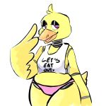  1:1 2020 animatronic anthro avian beak bib bird breasts chica_(fnaf) chicken clothed clothing digital_media_(artwork) english_text feathered_wings feathers female five_nights_at_freddy&#039;s galliform gallus_(genus) hi_res looking_at_viewer machine manitka open_mouth panties phasianid robot simple_background slightly_chubby smile solo text topwear underwear video_games wings 