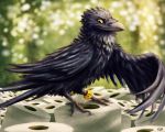  2020 ambiguous_gender avian beak bird black_body black_feathers blurred_background cable_tie claws corvid corvus_(genus) crow detailed feathers feral kebi light lighting looking_at_viewer open_wing outside plant signature smile solo sunlight talons toilet_paper yellow_sclera 