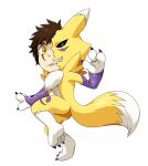  2019 blue_eyes canid canine chibi claws clothing digimon digimon_(species) eye_scar gloves hair handwear hi_res human human_to_anthro leroy_(zohaku) male mammal markings purple_claws purple_markings renamon scar shoulder_tuft solo species_transformation teeth the_chaos_creatures transformation tuft yellow_body yellow_eyes 