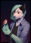  2020 anthro avian bird blue_nose clothed clothing dannoitanart digital_media_(artwork) domestic_cat ear_piercing ear_ring felid feline felis female feral green_hair hair hi_res mammal piercing smile 