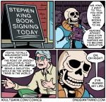  2020 animated_skeleton bone book border clothing comic english_text eyewear glasses grey_hair hair hi_res human humor jacket male mammal not_furry onegianthand shirt signature skeleton skull speech_bubble stephen_king_(copyright) text topwear undead url white_border 