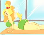  animal_crossing anthro big_butt breasts butt canid canine canis clothed clothing domestic_dog female fur hair inside isabelle_(animal_crossing) looking_at_viewer lying mammal moxaji nintendo open_mouth shih_tzu solo thick_thighs toy_dog video_games wide_hips yellow_body yellow_fur 