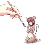  2018 anthro blue_eyes blush brown_hair brush covering covering_breasts disembodied_hand female hair hi_res inksgirls looking_up mammal mouse murid murine navel paintbrush rodent simple_background transformation whiskers white_background 