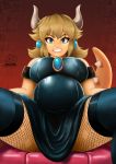  2019 absurd_res arrowdark belly big_belly blonde_hair blue_eyes bowsette_meme breasts clothed clothing crown eyelashes female fishnet hair hi_res horn humanoid legwear looking_at_viewer mario_bros nintendo pregnant sitting solo spiked_tail spikes spread_legs spreading super_crown teeth thigh_highs video_games 