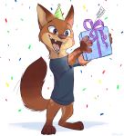  12-9_(character) 2020 anthro barefoot brown_body brown_fur canid canine clothing confetti fangs fox fur gift hat headgear headwear hi_res holding_object mammal open_mouth open_smile party_hat ribbontini simple_background smile solo standing teeth white_background 