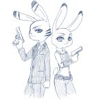  2016 anthro bad_trigger_discipline clothed clothing disney duo ear_markings facial_markings fully_clothed fur head_markings hi_res holding_gun holding_object holding_weapon jack_savage judy_hopps lagomorph leporid mammal markings puki rabbit simple_background smile weapon white_background zootopia 